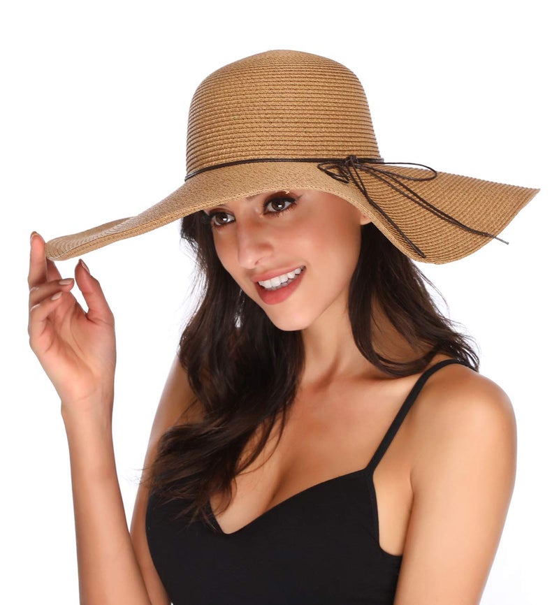Lanzom Womens Wide Brim Straw Hat Big Floppy Foldable Roll up Cap Beach Sun Hat UPF 50+(String-Khaki) - Image 4